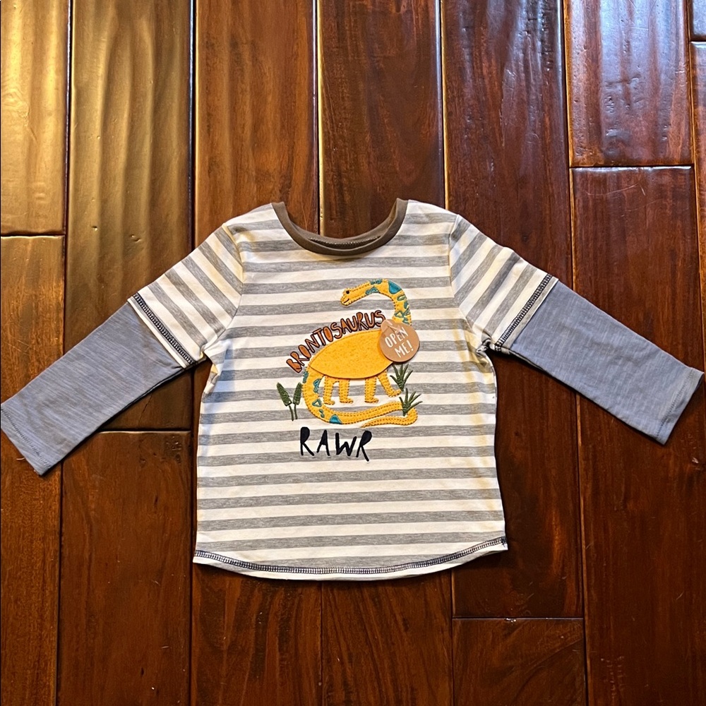 Mud Pie Gray Striped Dinosaur Long Sleeve Tee